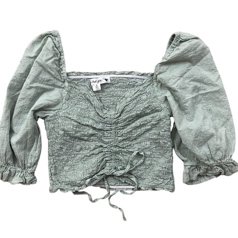 Who's That Girl Y2K Crop Smock Top Women Small Sage Green Puffy Sleeve Milkmaid